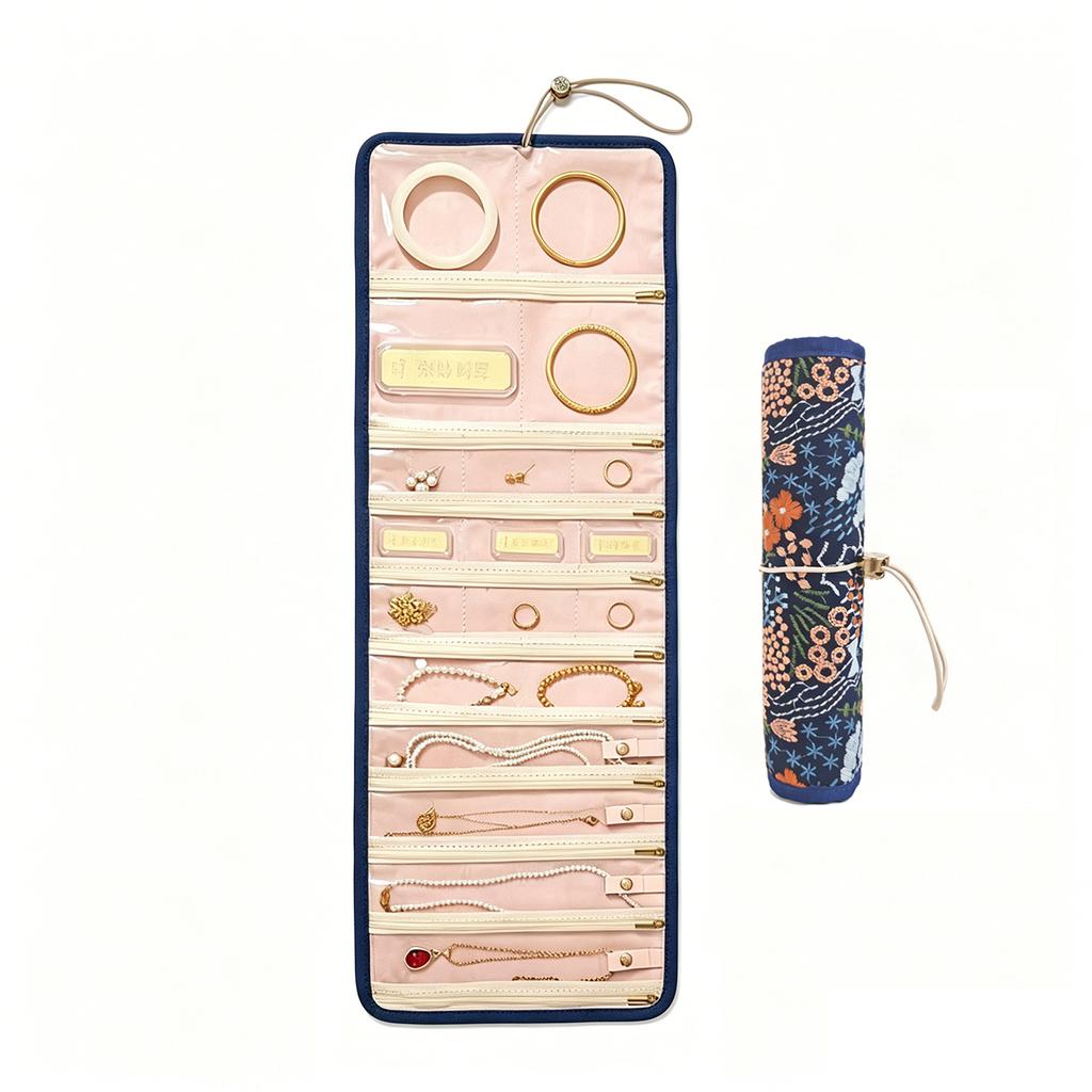Portable Roll-Up Jewelry Organizer with Embroidered Cover, Lightweight Travel Jewelry Storage Pouch for Necklaces, Bracelets
