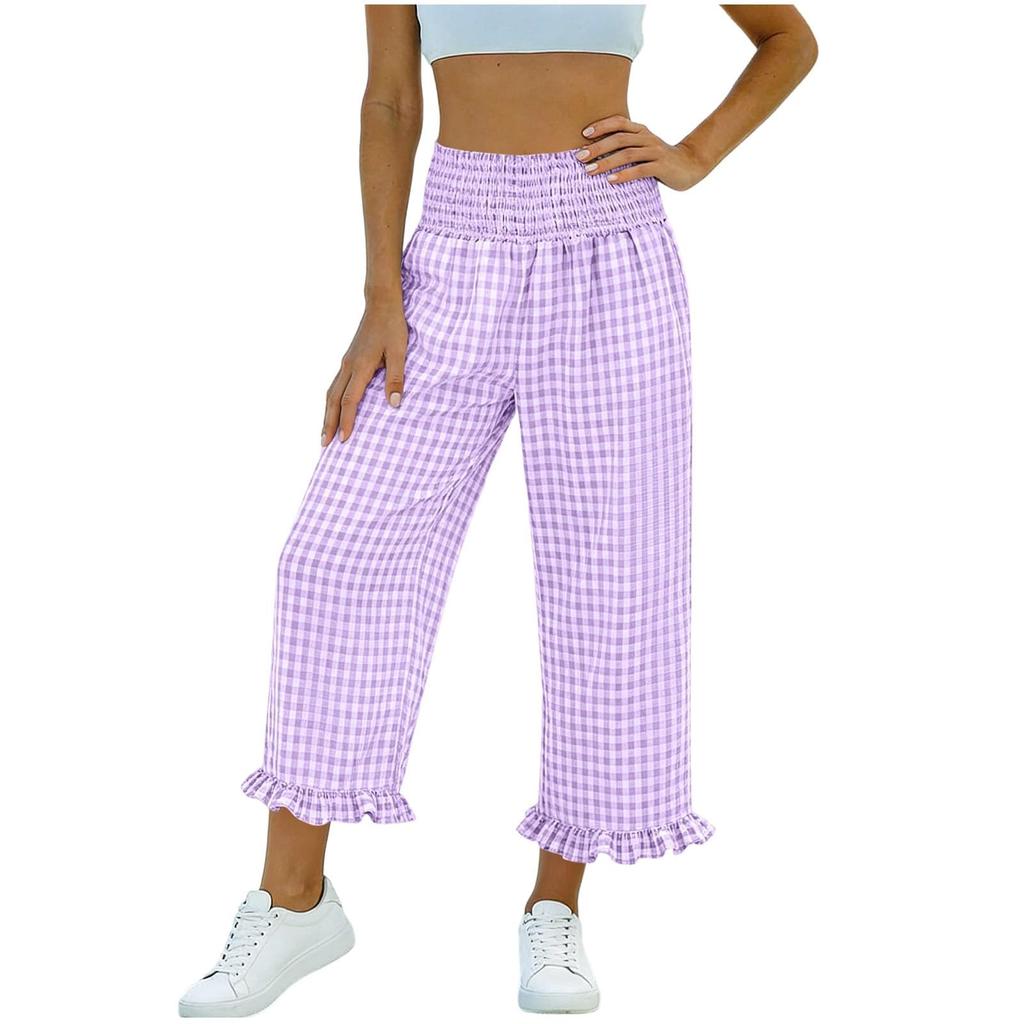 Women's Fashion Ruffle Hem Tartan Pocketed Pleated High-Waisted 9/10 Straight Leg Sporty Loose Casual Pants