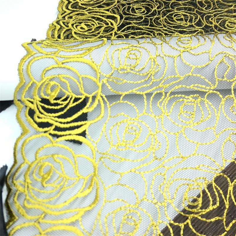 1m x 23cm Embroidery Net Lace, Golden Corded Floral Embroidery Mesh Fabric Lace for Dress, Lingerie, Bra, Underwear, Garment, DIY Sewing