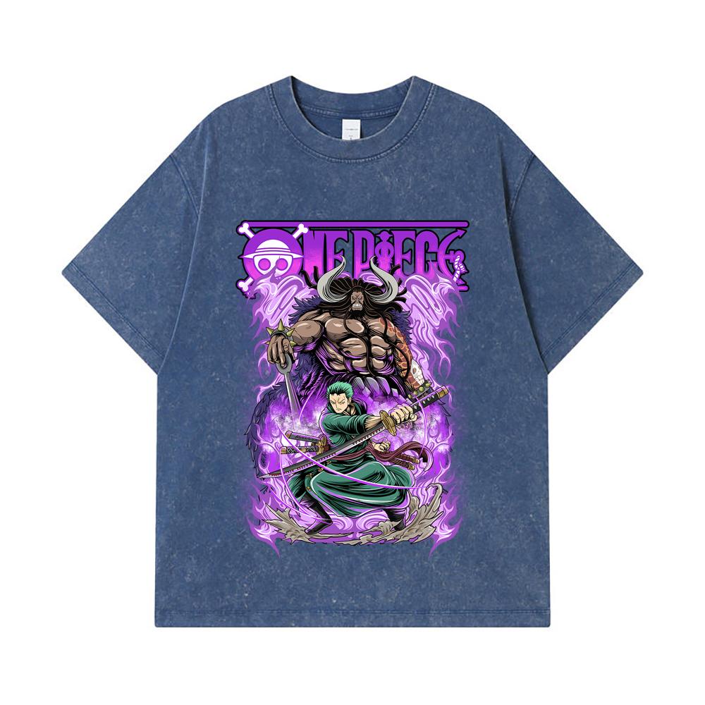 T-shirts Lavés 275 GSM 100% Coton Pièce Unique V32 Impression Zoro Kaido Unisexe T-shirt Lourd en Coton