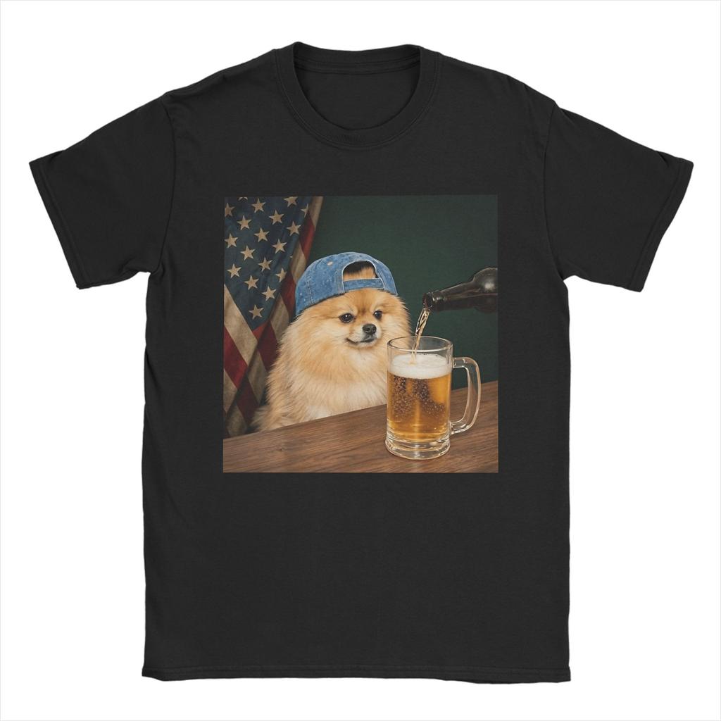 Unisex Unisex T-Shirt Lustiger Patriotischer Zwergspitz Hund Trinkt Bier Amerikanische Reine Baumwolle T-Shirts Rundhals Kleidung Große Größen