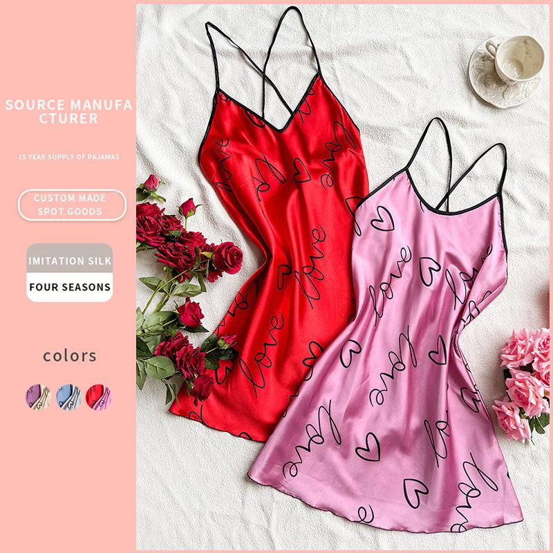 2 Stylish and Breathable Silk Print Slip Nightdress Sexy Halter Pajamas