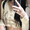 2KWEIRD Y2k Clothes Retro Campus Style Print Slim Long-Sleeved Summer Design Lace Short Cardigan Top Grunge Clothes Ropa Mujer