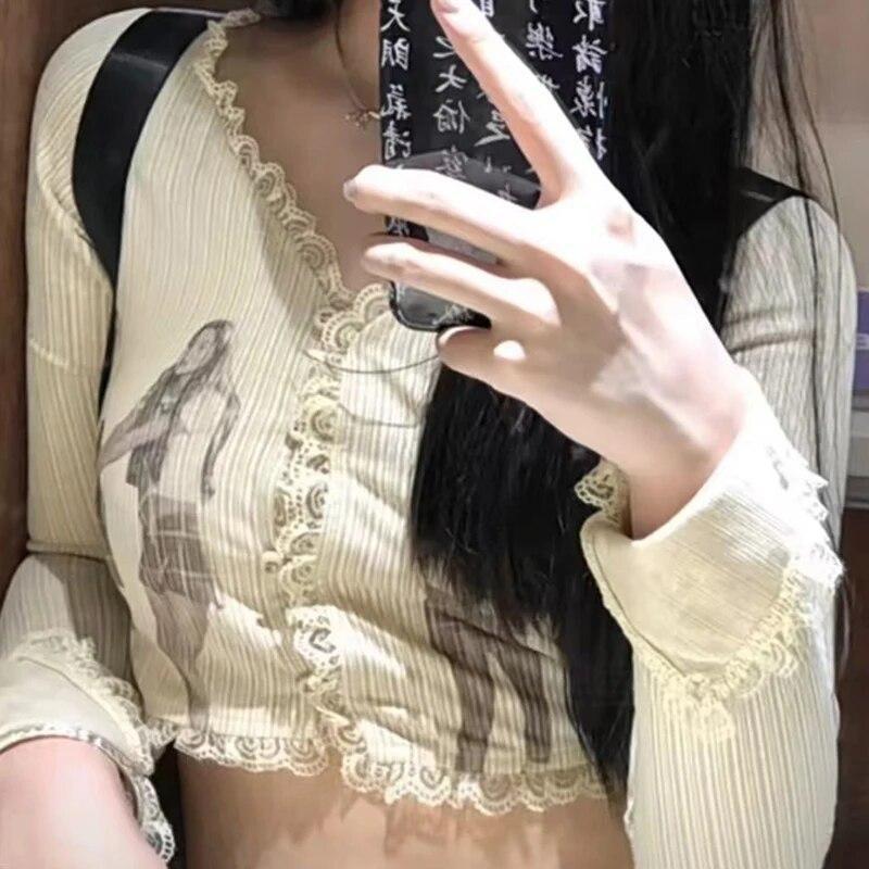 2KWEIRD Y2k Clothes Retro Campus Style Print Slim Long-Sleeved Summer Design Lace Short Cardigan Top Grunge Clothes Ropa Mujer