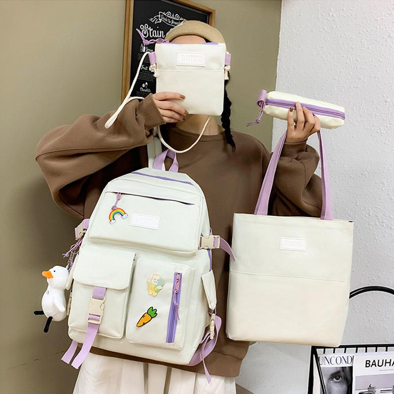 Academic Style Senior High School University Student Schoolbag Backpack Women's Four-Piece Canvas Backpack
