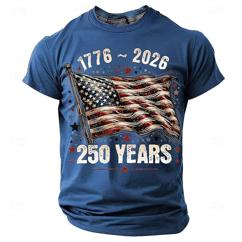2026 Summer Fashionable Mens Loose Pullovers Vintage Flag Printing Short Sleeve T Shirts For Men Daily Leisure Crew Neck T-shirt S