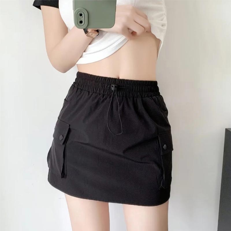 

Юбка-карго с эластичной резинкой на талии и шнурком для женщин, летние тонкие быстросохнущие шорты, юбка, тонкая женская одежда в уличном стиле Y2k S чёрный