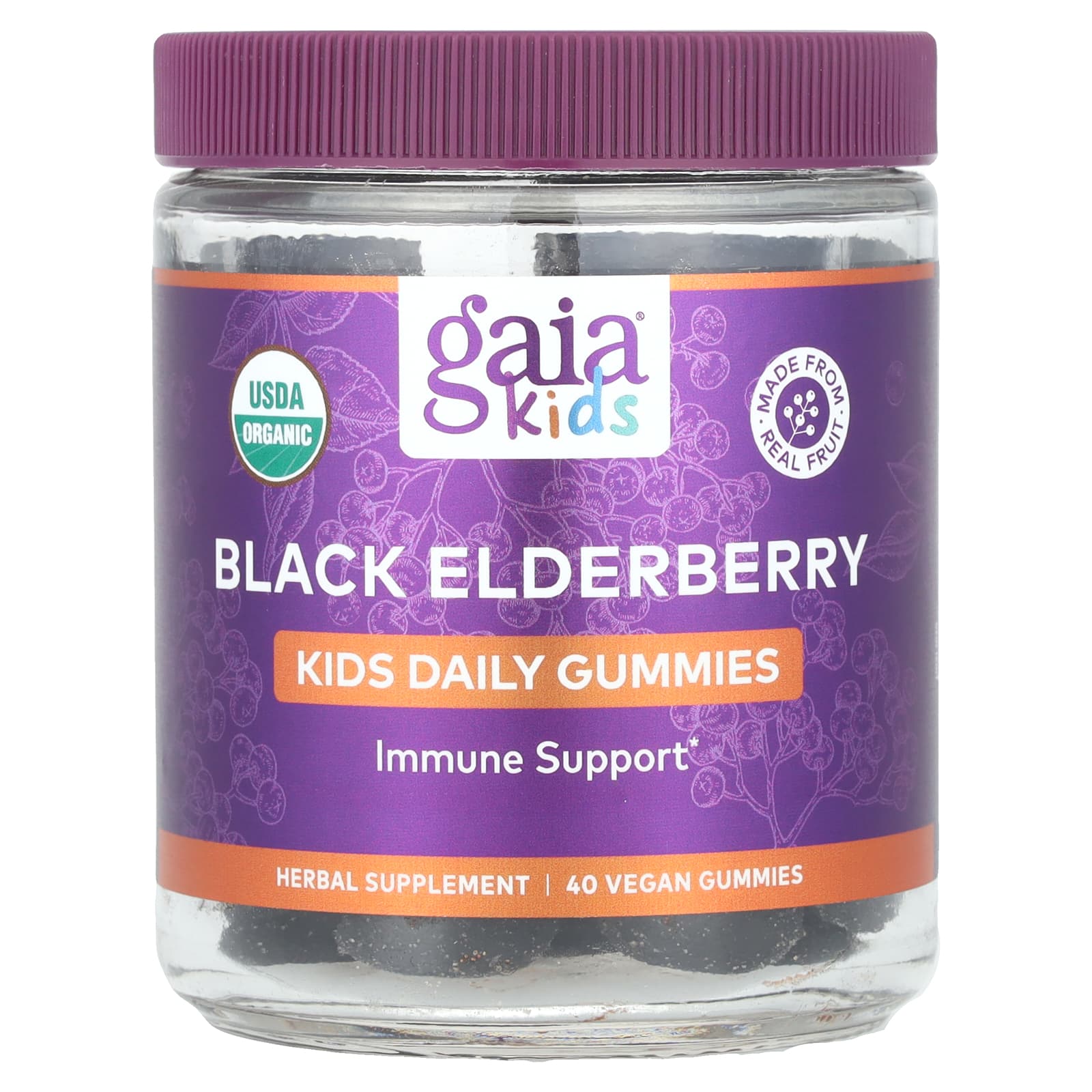 

Gaia Herbs, Kids Daily Gummies, Black Elderberry, 40 Vegan Gummies