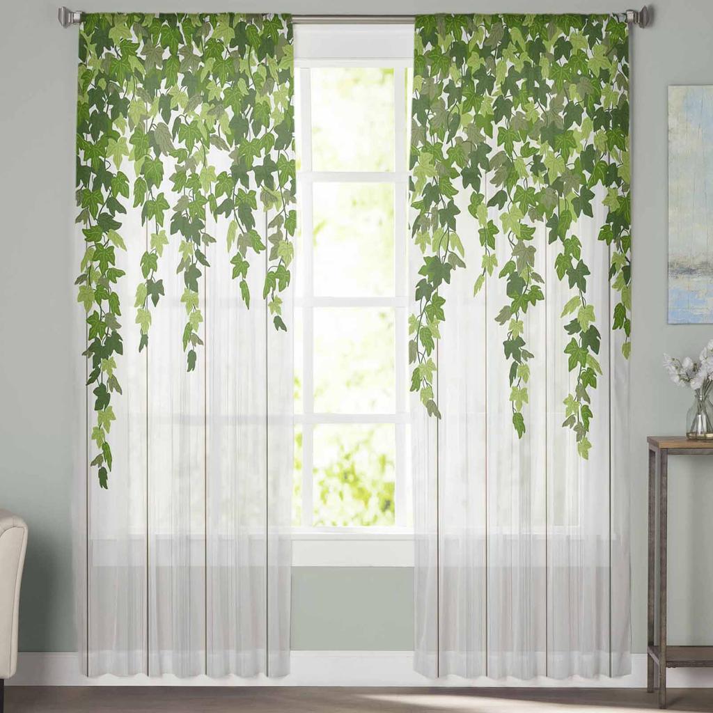 Spring Plant Leaves Rattan Wood Grain Tulle Sheer Curtains For Living Room Bedroom Kitchen For Windows Voile Drapes Home Decor