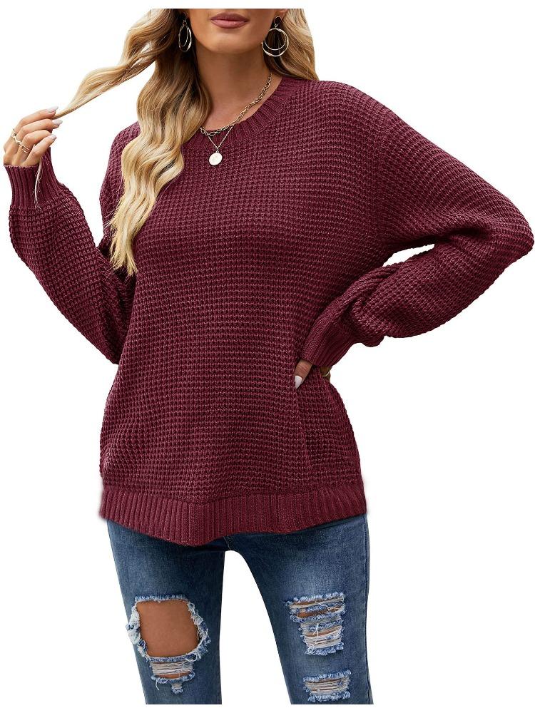 Autumn Winter Casual Round Neck Waffle Weave Long Sleeve Loose Fit Solid Colour Pullover Knit Sweater for Women Luxurious Relaxed Versatile Top