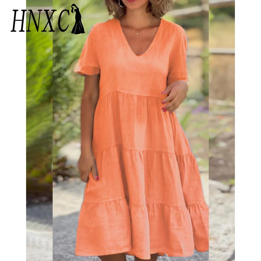 

HNXC Женская мода Лето Весна Свежие и Милые Однотонные Принтованные Платья с Коротким Рукавом и V-образным Вырезом Большие Свободные Повседневные Платья XXXXXL оранжевый