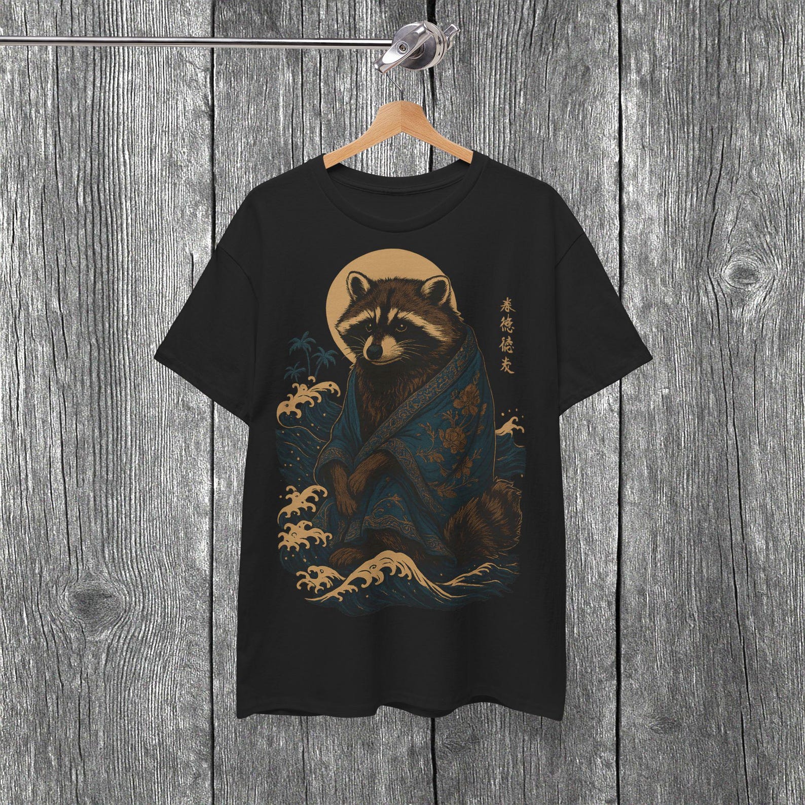 Japanese Raccoon Kimono T-Shirt: Ukiyo-e Wave Art Graphic Tee M