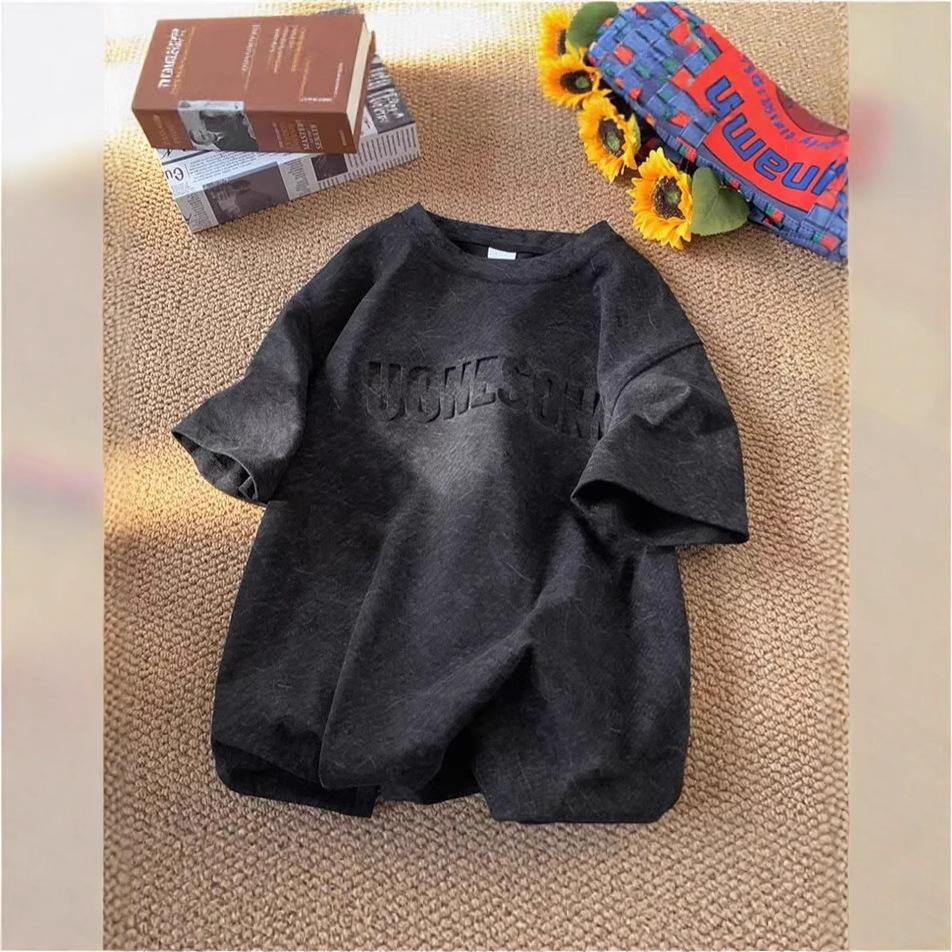 250G heavy steel stamp T-shirt men's and women's spring and summer trendy brand ice silk cool short-sleeved high street ruffian handsome casual couple