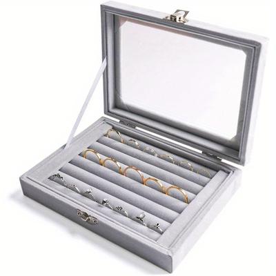 7Slot Velvet Jewelry Organizer Tray with Clear Lid Elegant Grey Storage Box for Rings, Earrings, and Necklaces,Perfect Gift for Women,Jewelry Gift Box