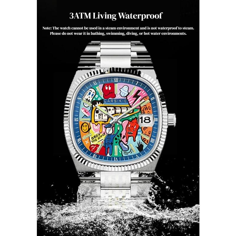 Luxury Comic Cartoon Dial Square Quartz Men's Watch Casual Calendar Stainless Steel Waterproof Sport Men Watches Clock