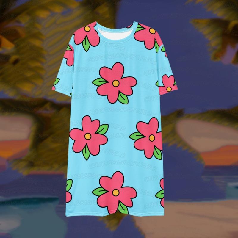 Summer Women's Round Neck Playful Cartoon Girl Print t Short Sleeve Dress Home Dress Comfortable Home Dress