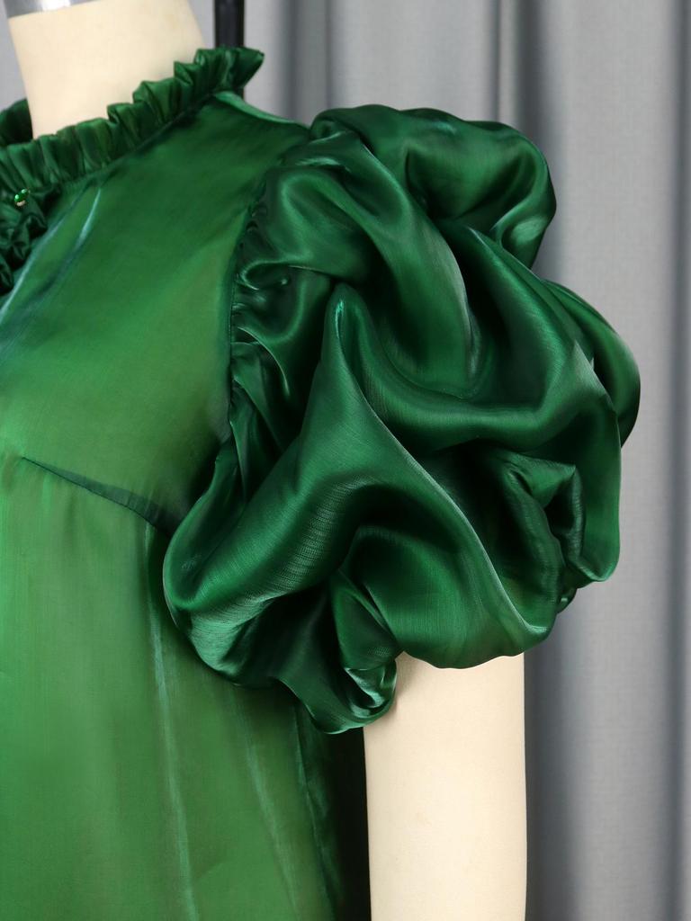 Plus Size Dark Green Satin Ruffle Stand Collar Puff Sleeve See-Through Top