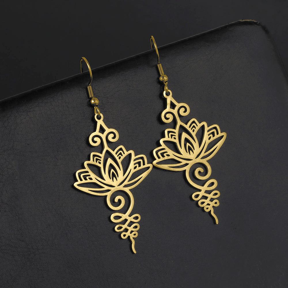 Simple Titanium Steel Earrings With Hollow Lotus Pendant For Women