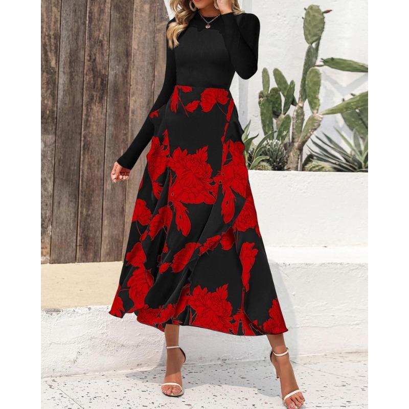 Autumn Women's Dress Fashion Splicing Floral Long Dress Round Neck Long Sleeve Ruffle Dresses