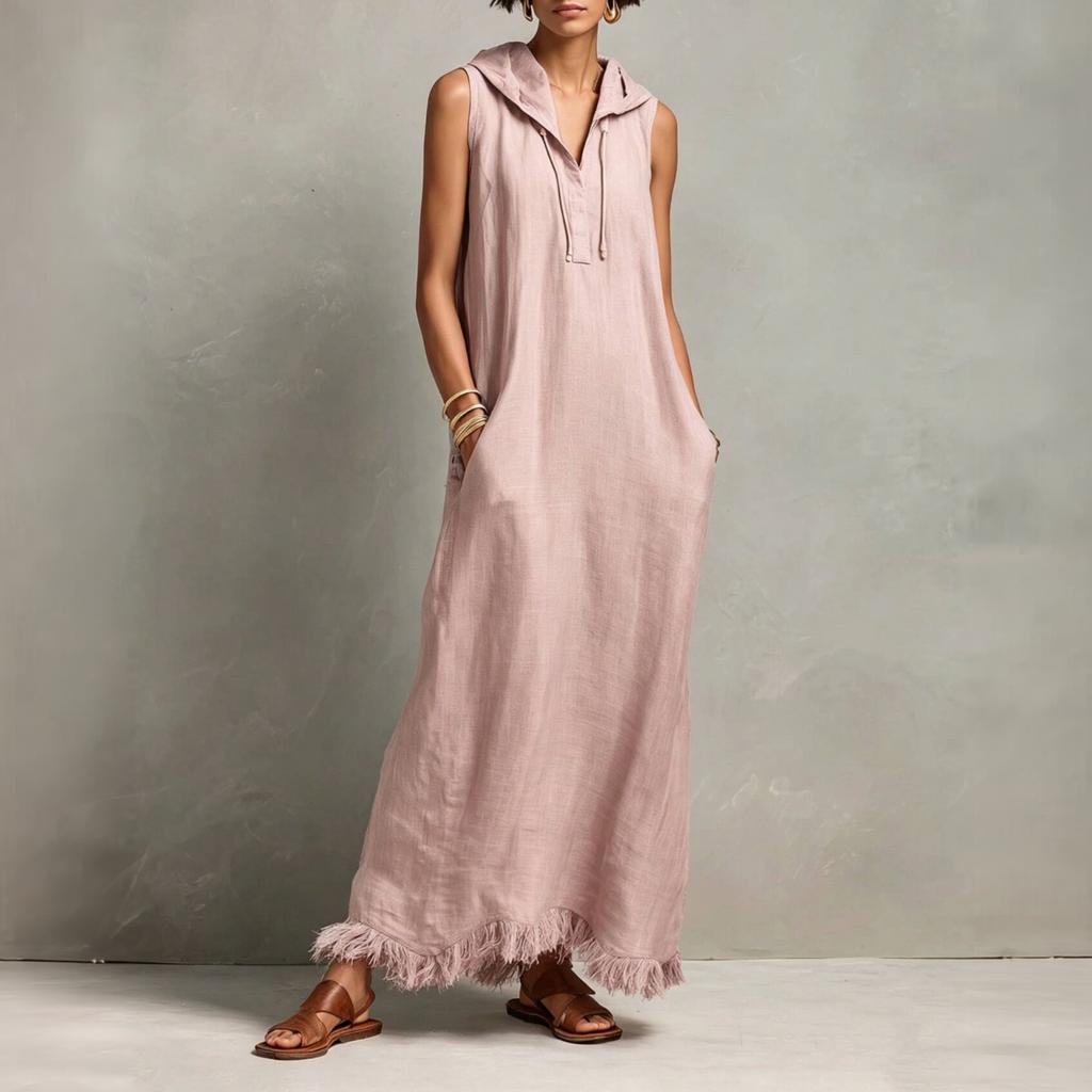 Sleeveless Hooded Maxi Dress with Fringe Hem Casual Long Dress Lightweight Loose Fit Summer Dress for Women