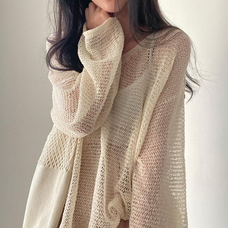 Spring Summer Long Sleeved Knitted Sunscreen Shirt See Through Retro Casual Simple Loose Hollow Out Thin Blouse V Neck Solid Color Top Clothing