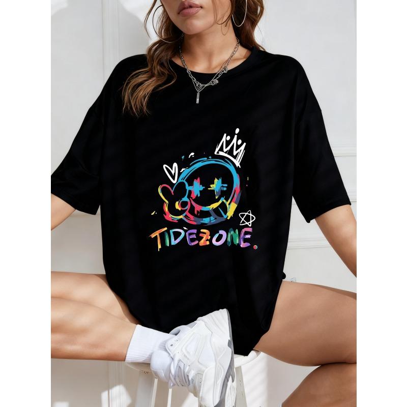 White Oversized T Shirt With Colorful Smiley Face And Tidezone Text Graphic For Casual Wear