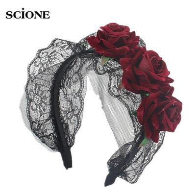 Gothic Headwear Lolita Maid Lace Headdress Halloween Party Headband Red Rose Flower Hair Accessories Headband