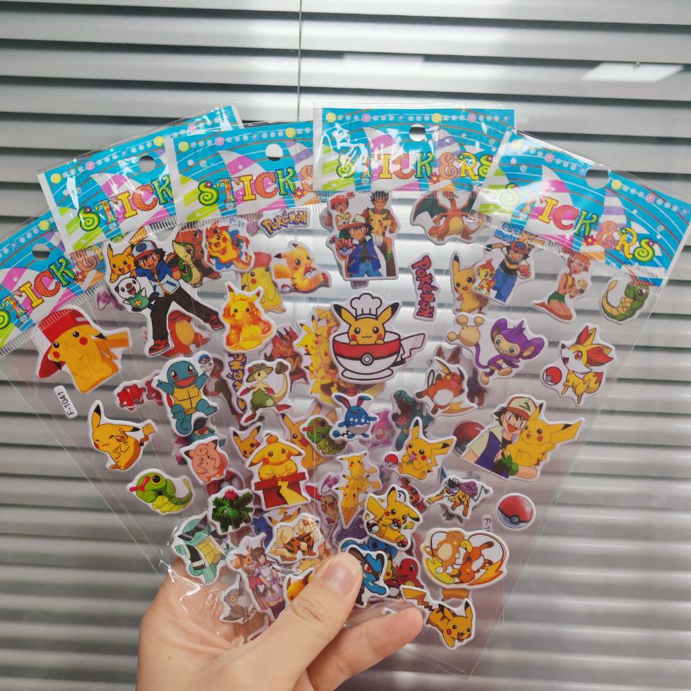 12Sheets Cute Anime Pokemon Stickers Kawaii 3D Pikachu Decals Kids Toys Cartoon Bubble Paste Thicken The Reward Sticker Gifts