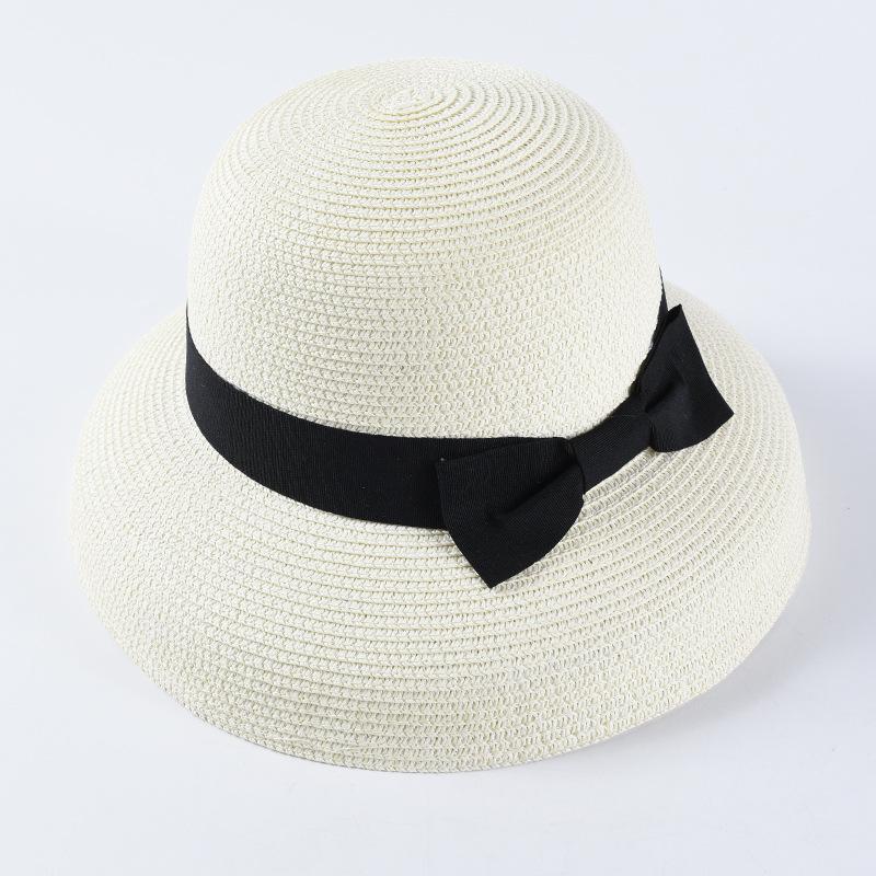 Hepburn Bow Ribbon Sun Hat Women'S Straw Hat Bucket Hat Color Sunscreen Sun Hat Beach Hat