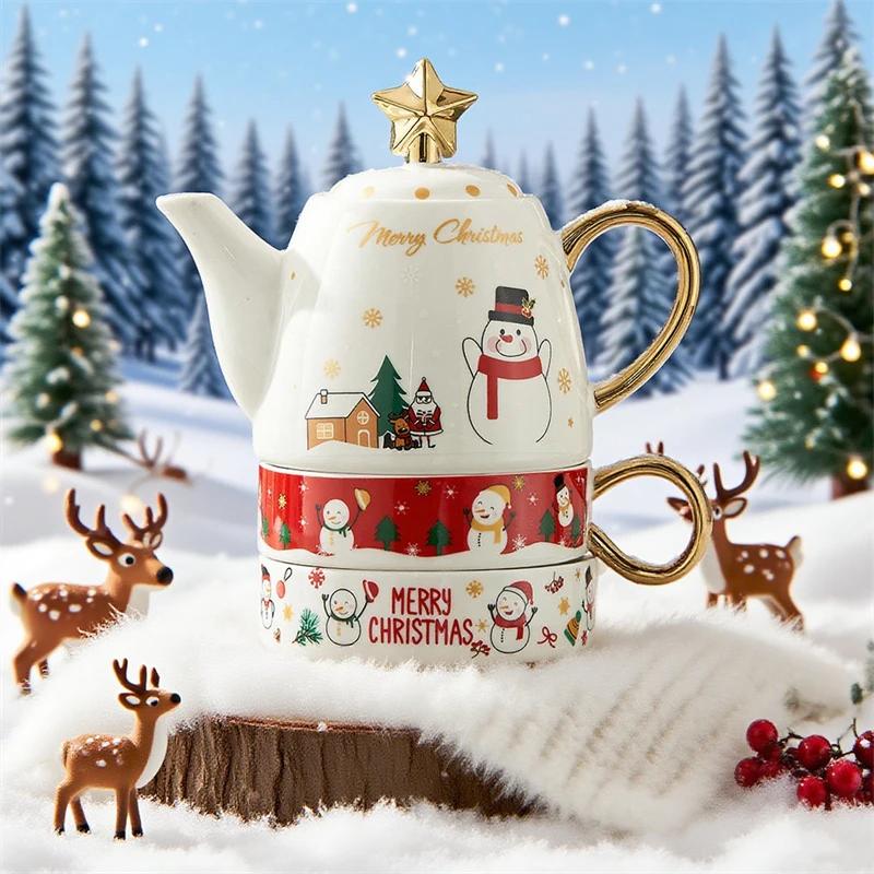Christmas Teaware Sets Ceramic Teapot Teacups Set Gold Plated Handle Santa Elk Christmas Tree Afternoon Tea Cup Xmas Gifts Decor