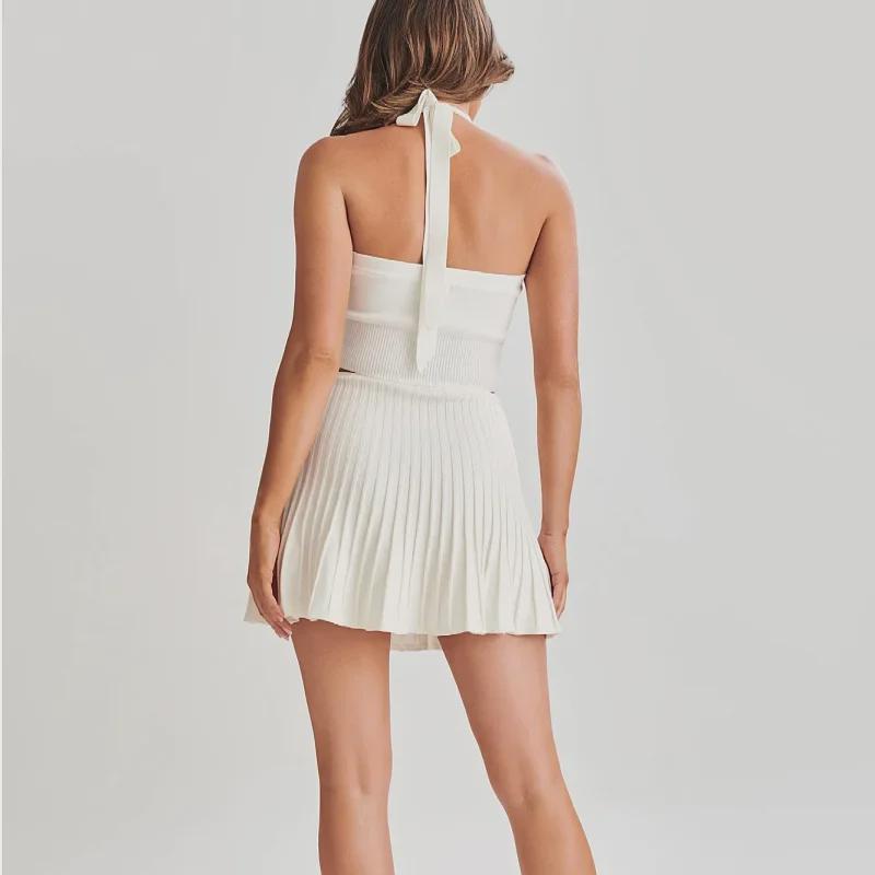 European & American Trendy Women's Halter Neck Backless Vest & High Waist Pleated Skirt Two-Piece Set for Spring