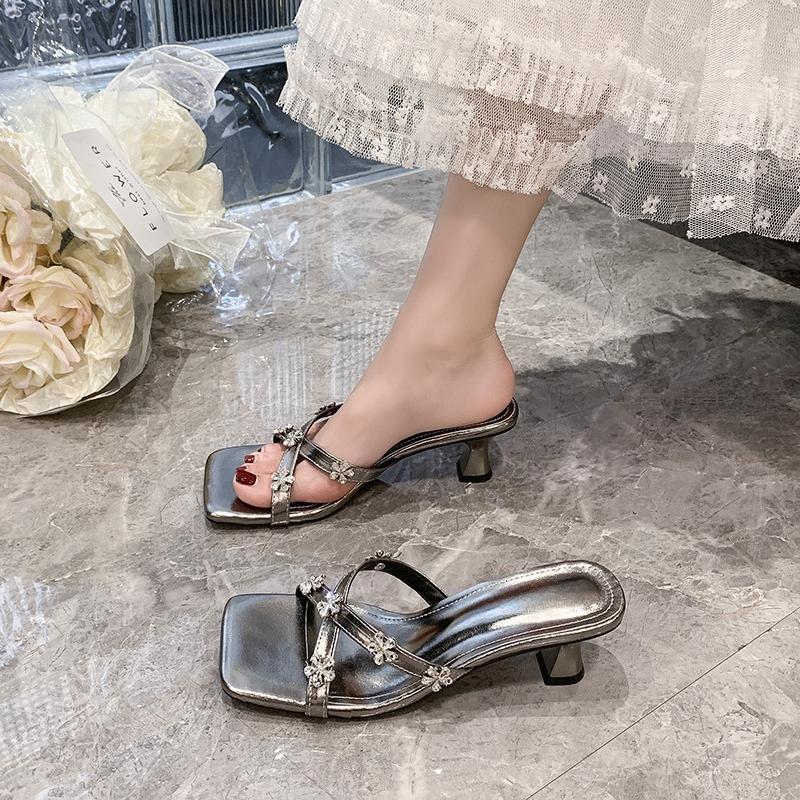 Fashion Purple  Cross Strap Sandals for Women in The Summer of 2025 New Square Toe Rhinestone High-heeled Sandals Cool Slippers