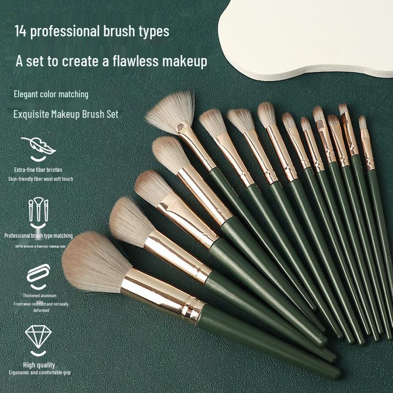 14-Piece Soft Bristle Makeup Brush Set - Green Cloud: Includes Powder, Blush, and Foundation Brushes for Beginners.