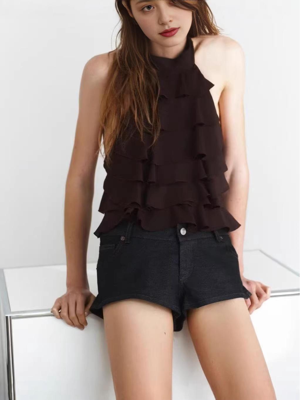 Spicy Girl Georgette Halter Neck Bow Tie Top Large чёрный