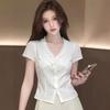 White V-neck short-sleeved shirt, summer new fat sister waist design sense work commuter shirt