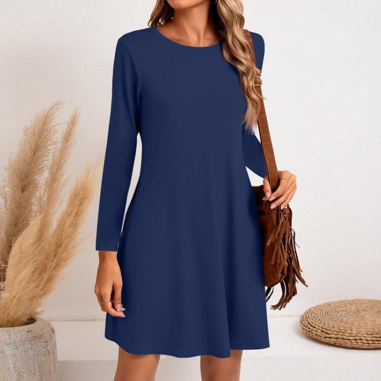 Casual Long Sleeve Side Pocket Dress Women Solid Color Round Neck Fashion