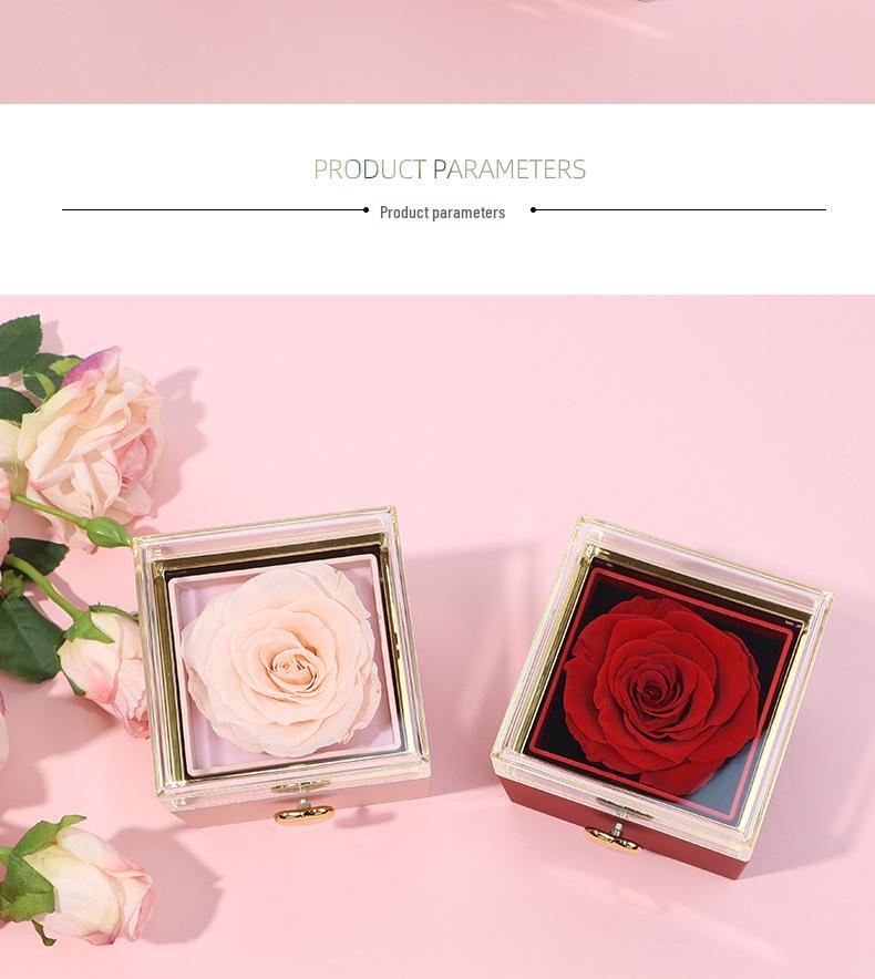 Luxury Rotating Acrylic Jewelry Box with Preserved Rose, Teddy Bear, and Birthday Cake Design