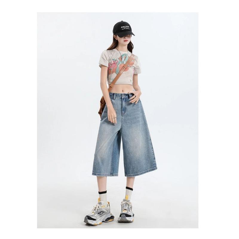 Women High Waist Wide Leg Denim Culottes Casual Light Blue Jeans