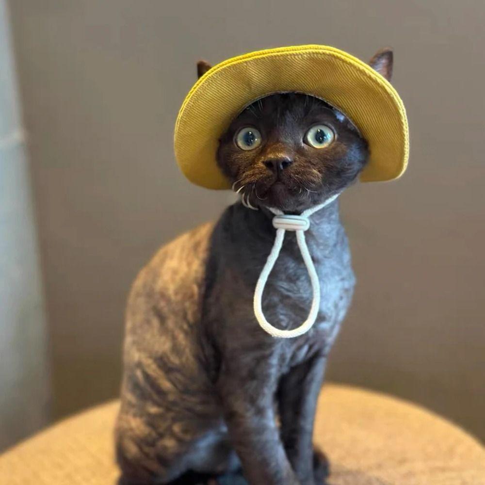 Solid Color Pet Sunshade Cap Cotton Pet Sunscreen Tie Hat Dog Cat Bucket Hat  Sphynx Hairless Cats