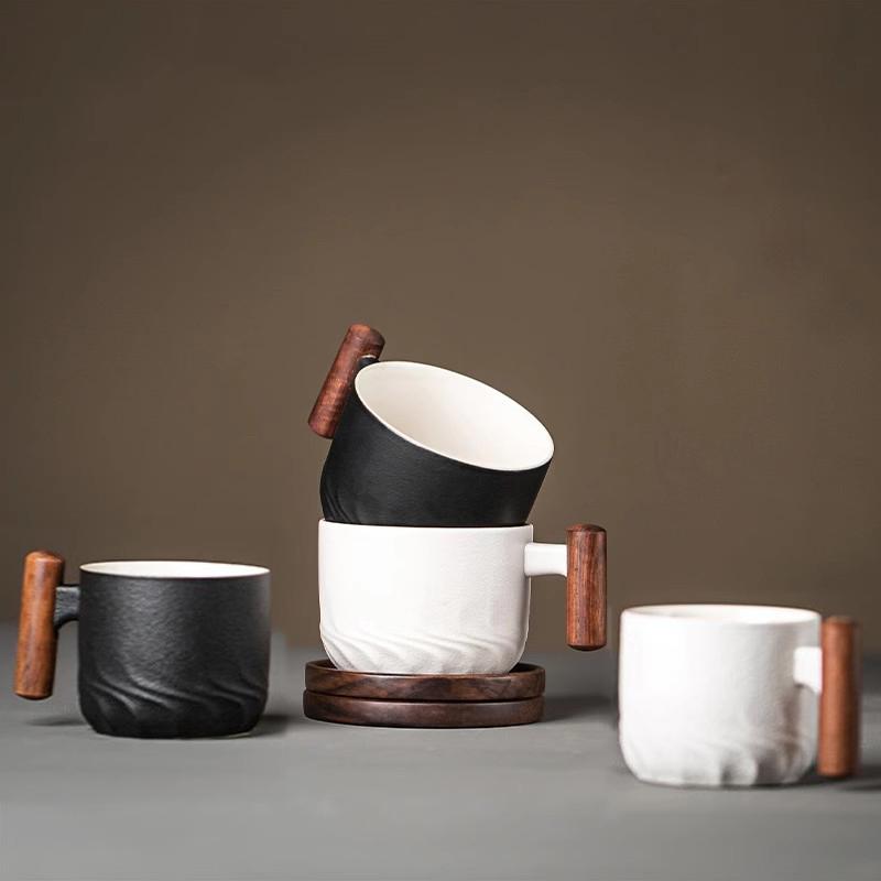 130ml Ceramic Coffee Mug With Wooden Handle Heat-resistant Kungfu Teacup With Coaster Kungfulatte Cappuccino Espresso Cup