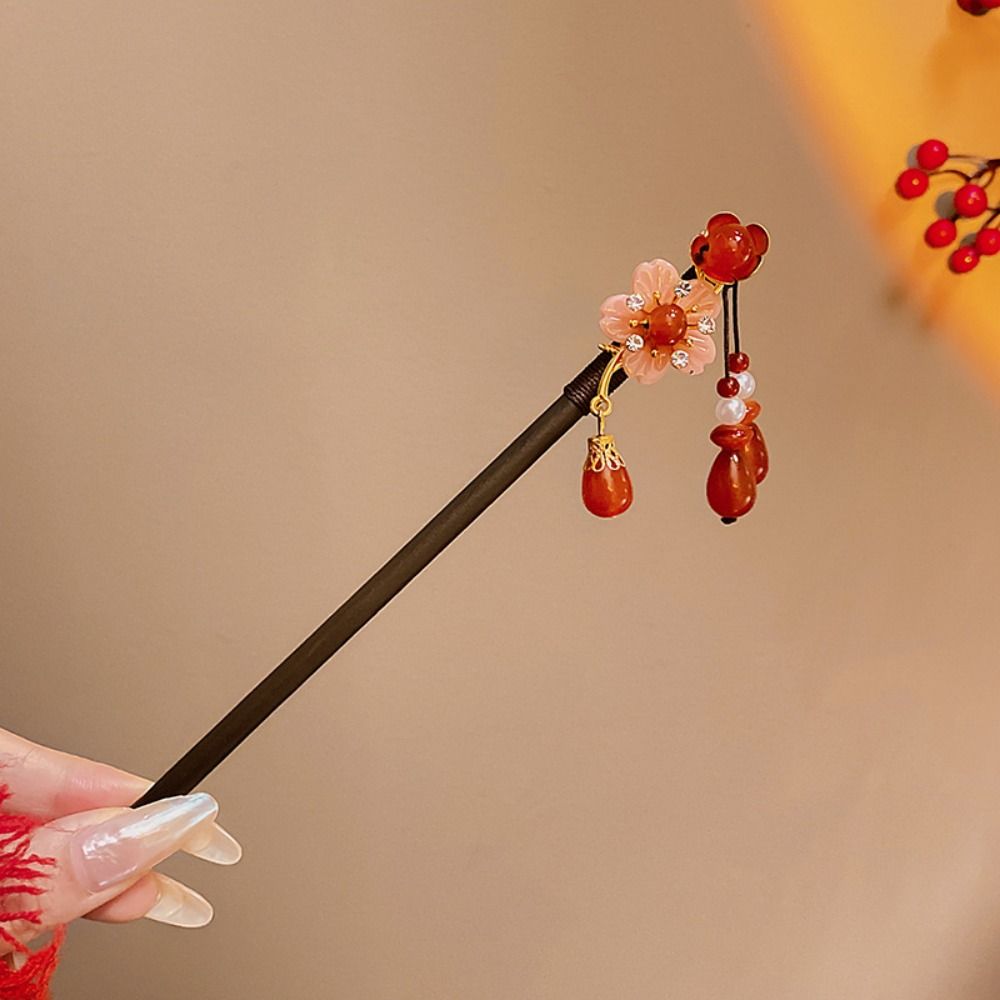 Red Hanfu Hairpin Tassel Wooden Hair Stick Classical   Hanfu Accessories