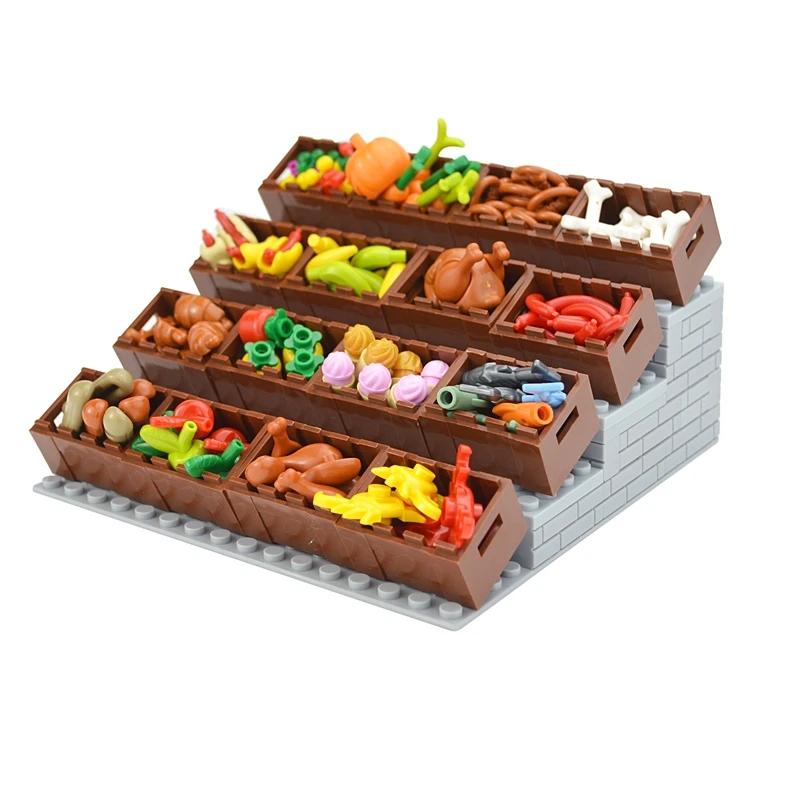Food Brick Playset City Series Friend Accessory Parts Bread Chips Roast Chicken Pizza Hot Dog Fish Fruit Carrot Basket Classic DIY Block Bricks