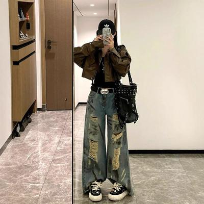 Bequeme Jeans mit zerrissenen Löchern und weitem Bein für Damen, Retro-Abfallboden-Wind, locker, gerade, schleifend, Tide-Jeans für Damen, lange Denim-Hose