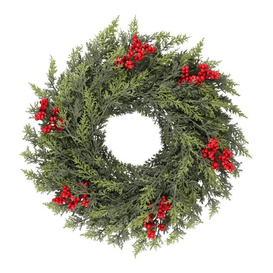 

24 Inch Christmas Norfolk Pine Wreath for Front Door Artificial Greenery Cedar Wreath with Red Berry for Farmhouse Indoor Outdoor Wall Window зелёный