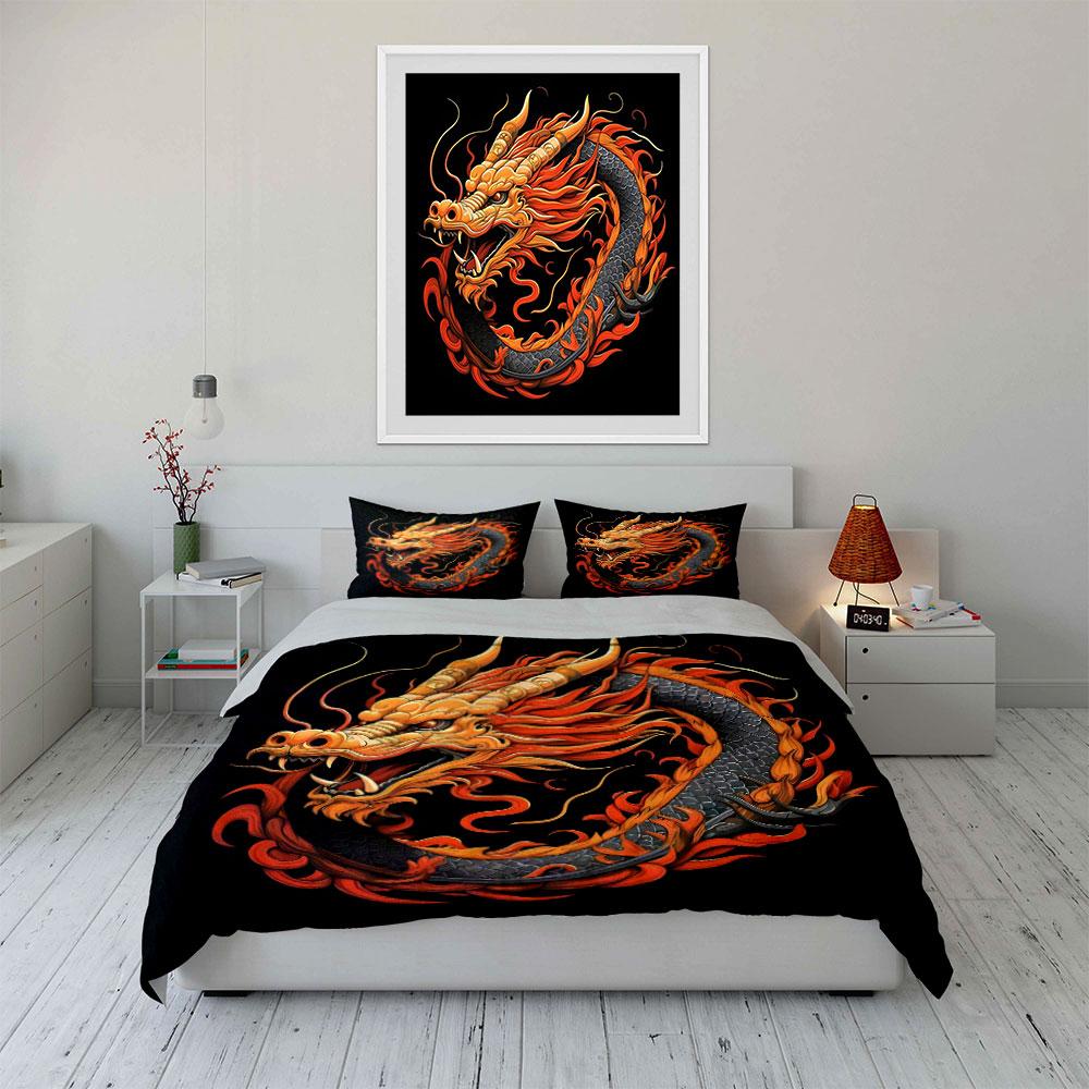 3Pcs Fiery Chinese Dragon Bedding Set, Mythical Beast Print Duvet Cover + 2 Pillowcases, Bold Decor