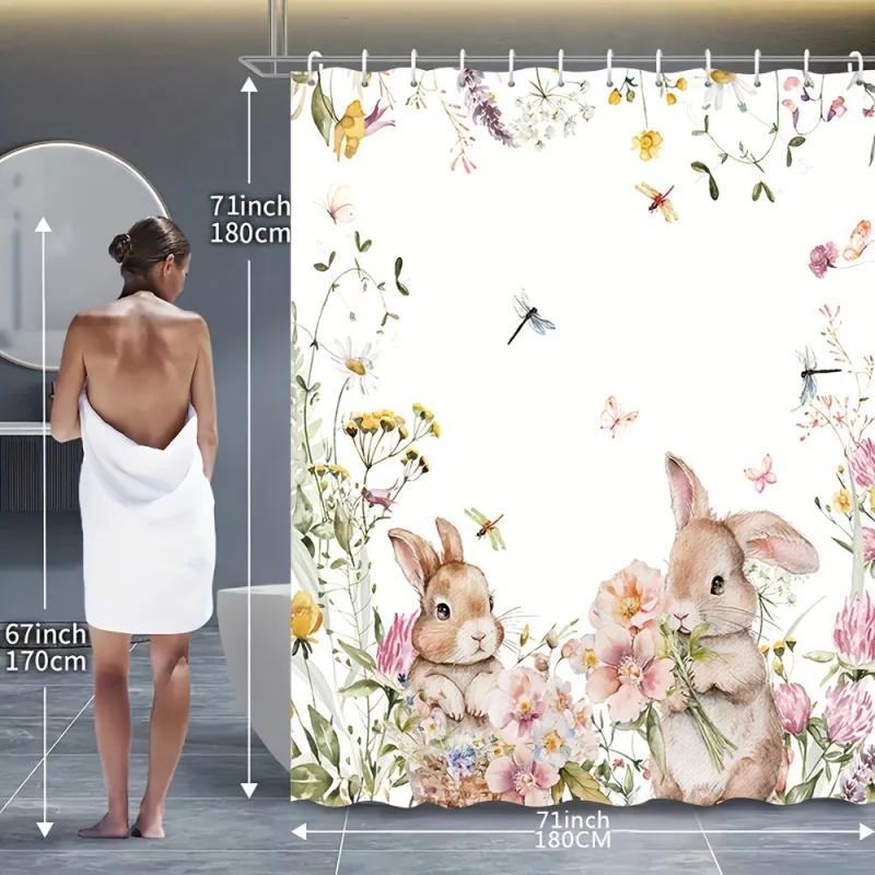 Rabbit Flower Shower Curtain Set With 12 Free Hooks: Includes Waterproof Curtain, Non-Slip Bath Mat, Toilet Seat Cover, Bath Rug