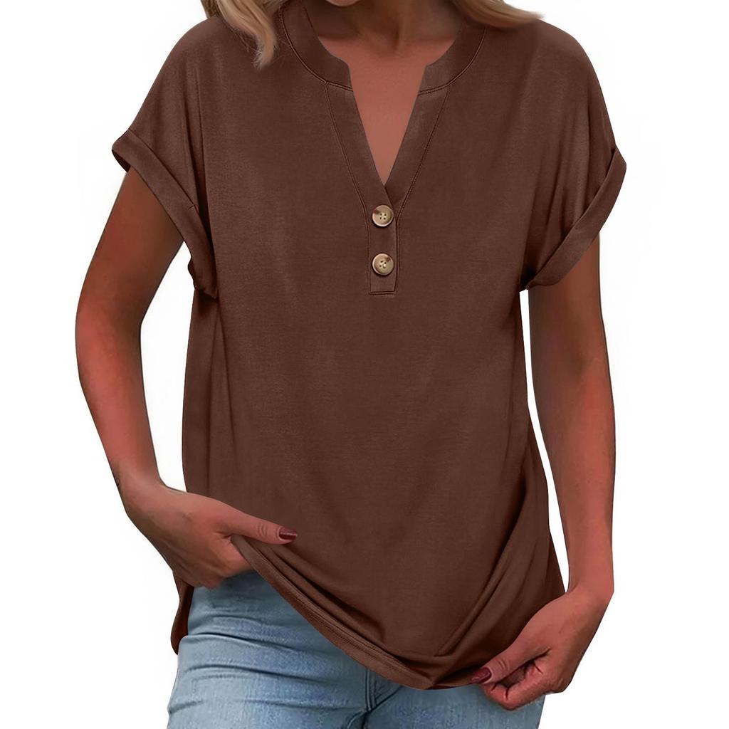 Women's Fashionable Casual Loose-Fit Short-Sleeved Button-Up V-Neck -Colour T-Shirt Top