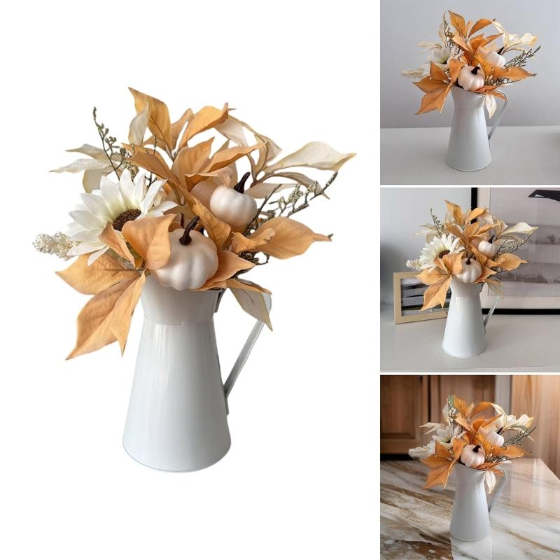 Artificial Flower Bouquets Artificial Leaf Simulation Pumpkin Branch In Metal Vase for Thanksgiving Halloween Decoration