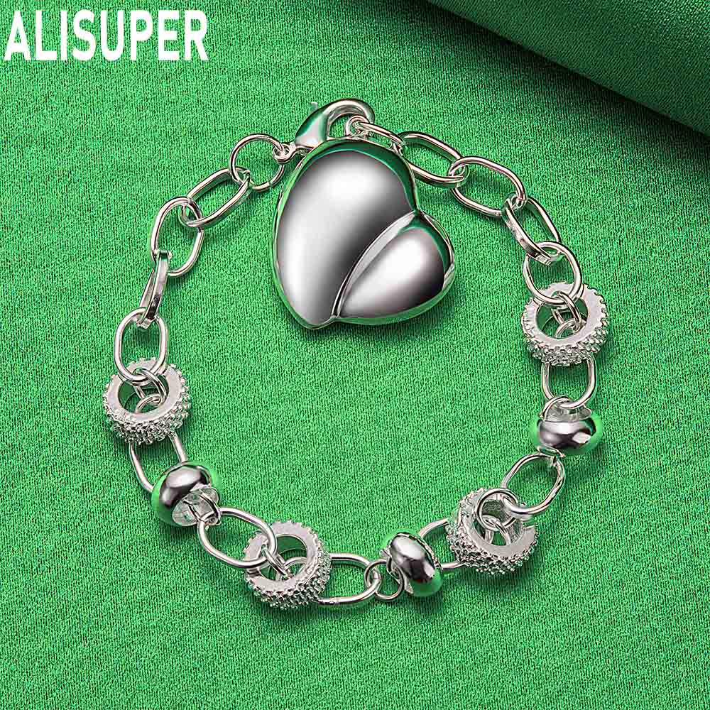 925 Sterling Silver Romantic Heart Side Chain Beautiful Bracelet Gift Jewelry