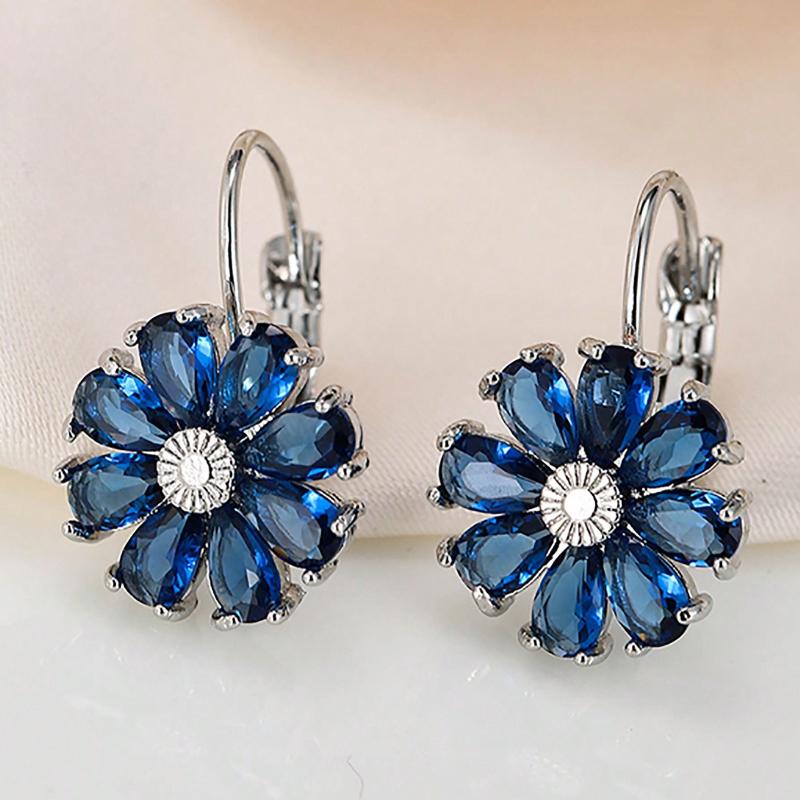 1 Pair Blue Flower CZ Zirconia Hoop Earrings for Women Girl Daily Wear Party Wedding Gift